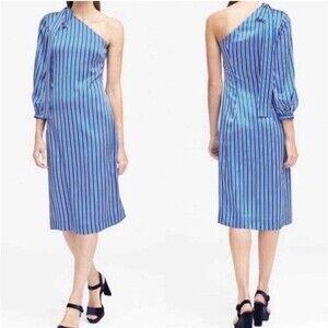 Banana Republic Striped Mini Dress One Shoulder Satin Blue Nautical Size 4 NWT’s